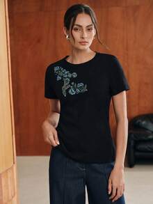 Anewsta 女款花卉印花休閒日常短袖T恤 - 黑色 - 查看 4