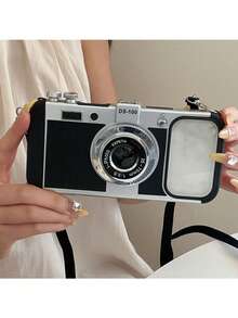1 Buah Casing Ponsel Berbentuk Kamera Vintage 3D dengan Tali Selempang, Pelindung Anti Guncangan TPU+PC Kompatibel untuk iPhone 16/16 Pro/16 Pro Max/17 Pro Max, Casing Ponsel Desain Kamera Lucu - Hitam - View 1
