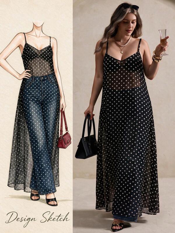 Elegantrix Plus Size French Style Sheer Mesh Polka Dot Print Spaghetti Strap Flowy Maxi Casual Dress