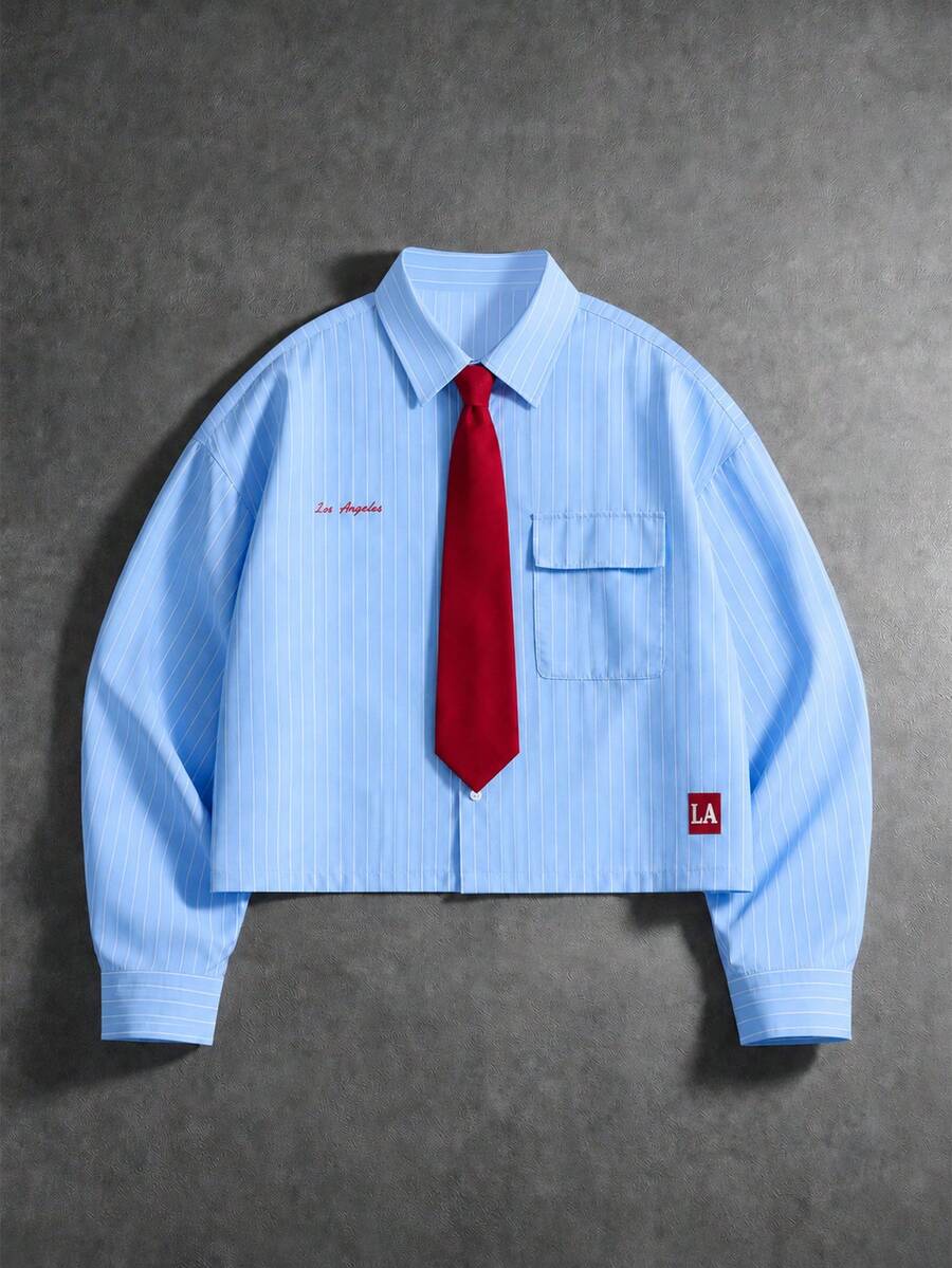 PAVTROS 男士淺藍條紋襯衫，紅色領帶與刺繡，夏季休閒街頭風 - 藍白色 - 查看 1