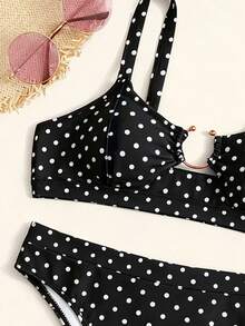 Swim SXY 女款夏季海灘波點印花環扣連接性感時尚比基尼兩件式泳衣套裝 - 彩色 - 查看 3