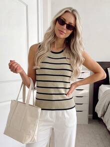 Easowa Women's Sweater Stripe, Summer 90s Retro French Classic Elegant Minimalist Sporty Casual, Work Office Brunch Beige - Multicolor - View 4