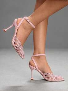 CUCCOO SZL New European And American Fashion Rhinestone Hollow Lace-Up Pointed High-Heeled Sandals Fall Shoes - Baby Pink - View 3