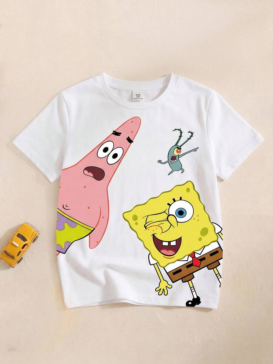 SpongeBob SquarePants | SHEIN 青少年男孩可爱卡通印花圆领短袖T恤,夏季 - 白色 - 查看 1