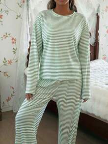 SHEIN 女款休閒條紋印花圓領寬鬆長袖長褲睡衣套裝 - 綠色 - 查看 4