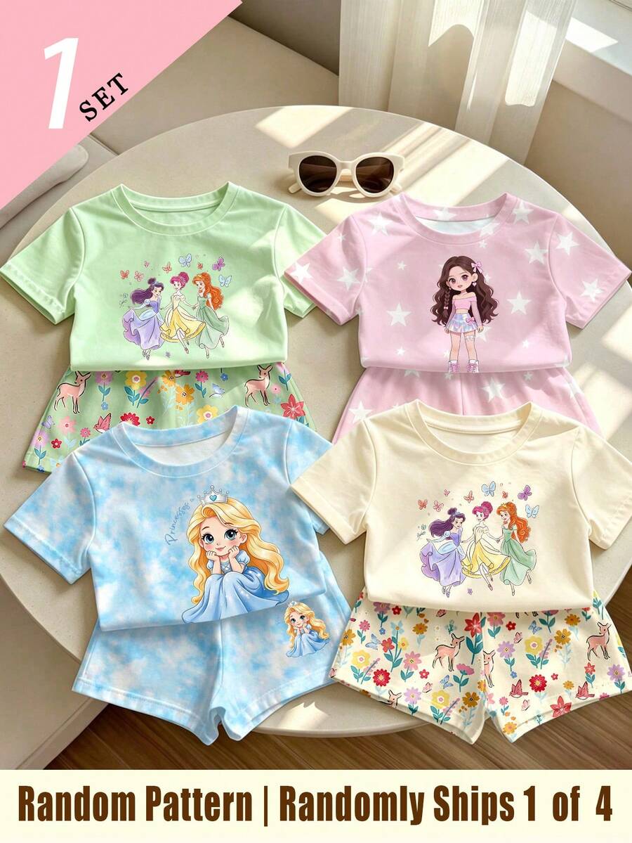 (1 Random Item From 4) Girls' Colorful Floral Long Hair Cartoon Print Basic Short T-Shirt And Shorts - Multicolor - View 1