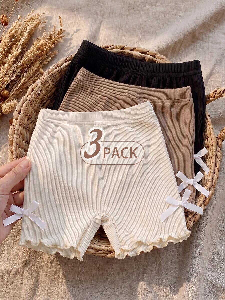 SHEIN Vintaside Kids 3件套女嬰夏季服飾 回校季 6個月-3歲 休閒極簡風 白色 黑色 棕色 羅紋紋理 蝴蝶結 波浪邊 鬆緊腰彈性短褲 舒適柔軟 通勤適宜 春夏出遊 禮物首選 - 彩色 - 查看 1