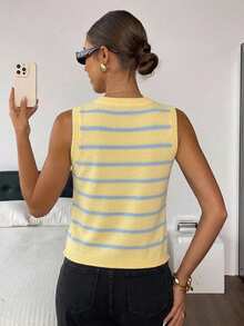 Muvela Casual Preppy Blue And Yellow Base With Stripes Back-To-School Versatile Women's Sweater Vest Suitable For Autumn And School - Multicolor - View 4