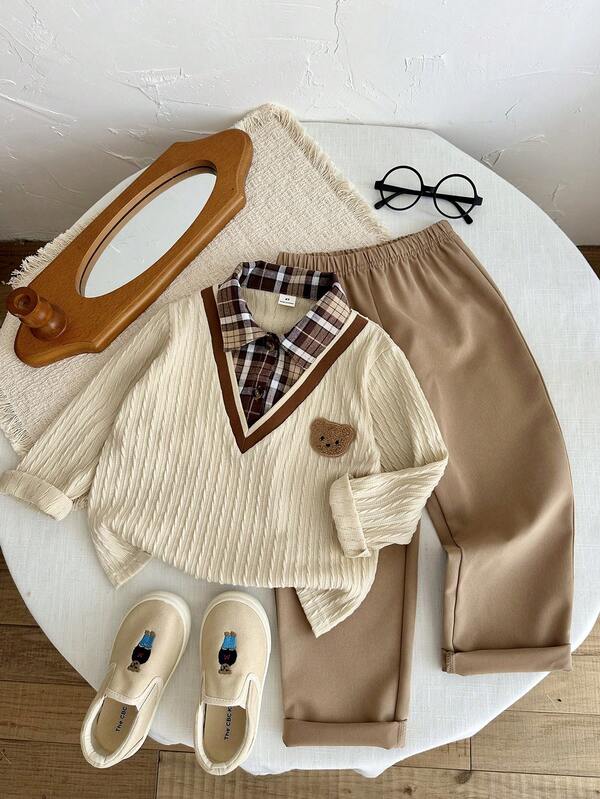 SHEIN Playful Pals Young Boy Casual Plaid Shirt Collar Knit Jacquard 2 In 1 Top And Elastic Waist Casual Long Pants Set, Autumn