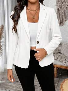 EMERY ROSE Women's Plus Size Solid Color Minimalist Fashion Casual Daily Blazer Jacket, Autumn Clothing Fall - White - View 5