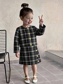 SHEIN Firerie Kids 少女都市時尚長袖夾克與緊身裙套裝 - 黑色 - 查看 6