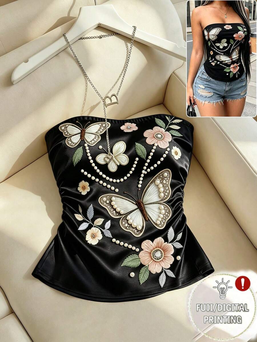 Selianne Summer Gentle Elegant Butterfly Floral Print Bandeau French Vintage Slim Fit Flattering Sleeveless Outerwear Women's Top - Black - View 1