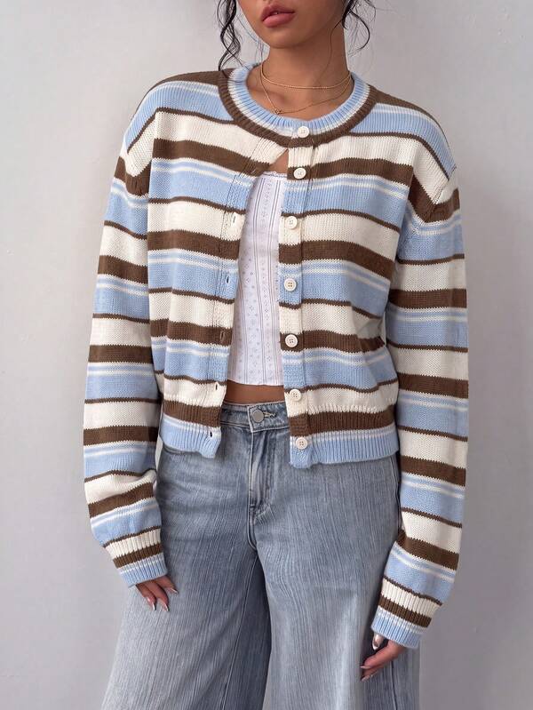 SHEIN BASICS Cardigan Rajut Kasual Wanita, Bergaris, Pakaian Musim Panas, Streetwear, Cocok Untuk Perjalanan Sehari-hari, Kencan, Pesta, Musim Gugur/Dingin, Musim Panas, Pesta, Pernikahan, Pantai, Upacara Wisuda, Elegan, Kasual, Jalan-jalan, Y2K, Pakaian Festival Musik, Pakaian Liburan, Pakaian Kembali ke Sekolah, Bergaris Gaya Vintage Amerika