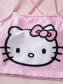 HELLO KITTY AND FRIENDS | SHEIN Setelan Baju Renang Dua Potong Atasan Camisole dan Bawahan Bikini Segitiga Motif Kartun untuk Anak Perempuan Remaja, Cocok untuk Liburan Musim Panas dan Pantai - Berwarna merah muda - View 4