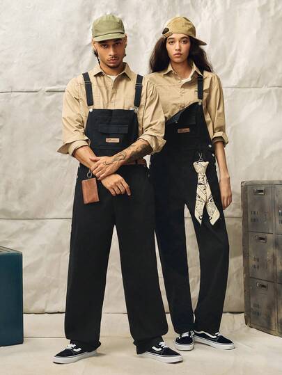 Norleigh Men's Fashion Street Style Regular Plain Denim Pocket Casual Overalls, For Friends, Going Out Going Out Hang Out Commute Street Urban, Khaki, Patched