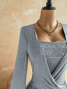 Soleia Women's Solid Color Contrast Lace Flare Sleeve Romper - Grey - View 5