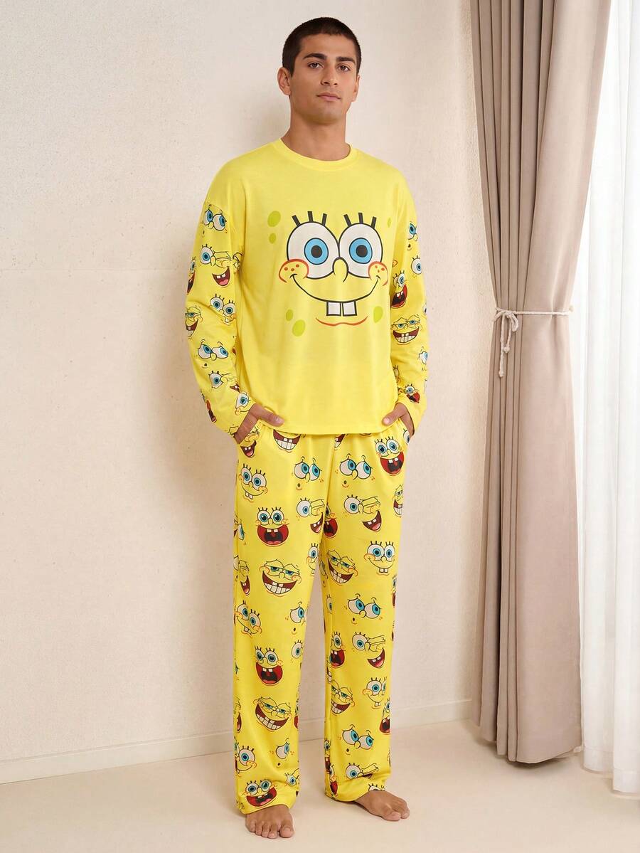 SpongeBob SquarePants | SHEIN Conjunto de pijama de manga larga con estampado de dibujos animados y pantalones para hombre, conjunto de pijama amarillo, ropa de otoño e invierno - Amarillo - Ver 1
