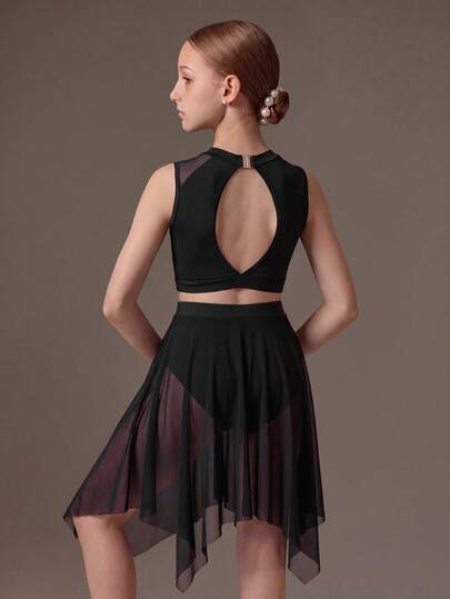 SHEIN Tween Girls' Dance Crop Top And Mesh Skirt Set, Black Two-Piece, Keyhole Back Cutout On Crop Top, Asymmetric Sheer Mesh Skirt, Solid, Knit, Dress