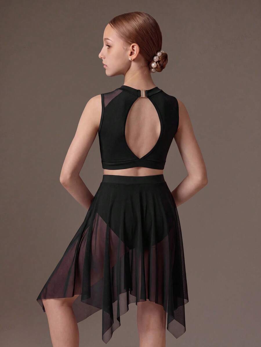 SHEIN Tween Girls' Dance Crop Top Mesh Skirt Set, All Black Two Pieces, Keyhole Back Cutout, Asymmetric Sheer, Solid, Knit, Summer Athletic Active - Black - View 1