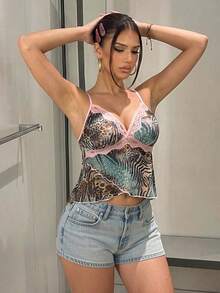 SomedayCozy 1件裝蕾絲拼接女款底層上衣，Y2K夏季上衣，夏季穿搭，束腰式短版上衣，襯衫，背心，外出穿搭 - 彩色 - 查看 3