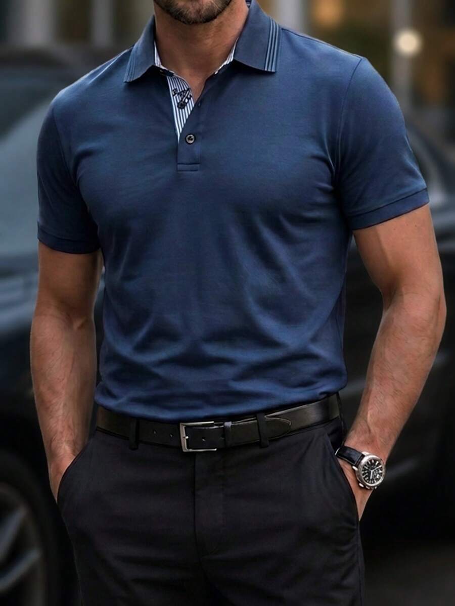 Manfinity Mode Men's Contrast Striped Short Sleeve Casual & Commuter Formal Polo Shirt, Ceremony - Royal Blue - View 1