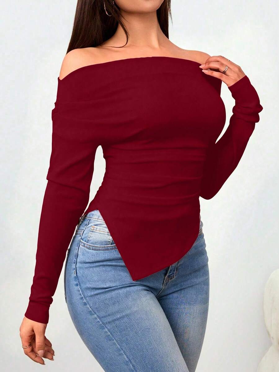 Zolique Off-Shoulder T-Shirt With Gathered Shoulders And Irregular Hem - Burgundy - View 1