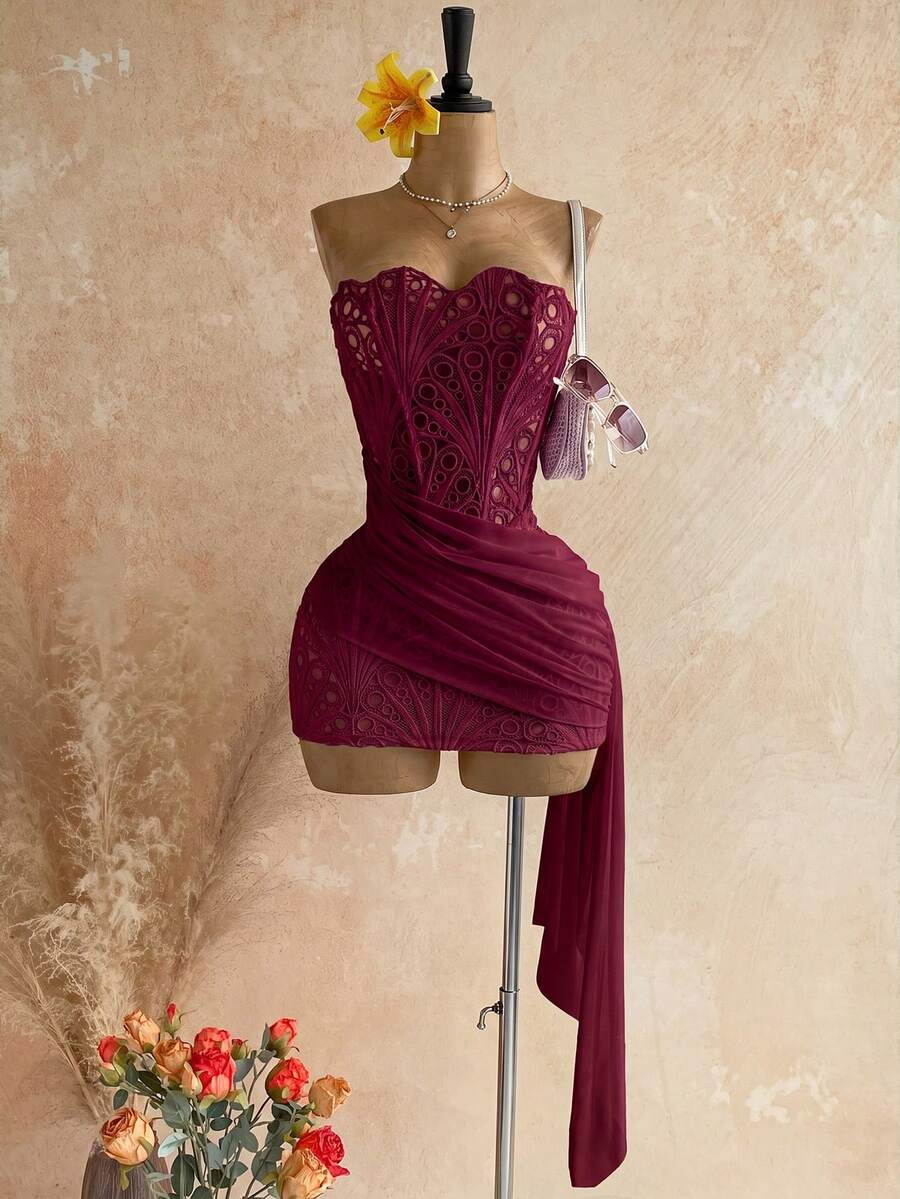 Soleia Women's Sexy Vacation Strapless Lace Textured Draped Mesh Ruched Bustier Mini Dress, Beach Night Out Club, Summer, Music Festival, Party, Burgundy - Burgundy - View 1