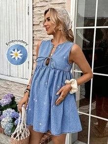 SHEIN Pregnant Women's Floral Embroidery Front Tie Sleeveless  Denim Dress Fall Elegant Casual Y2k Chic Basic Festival Back To School Going Out Vacation - Blue - View 1