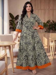 SHEIN Lady CURVE Gaun Pesta Kasual Wanita Ukuran Besar dengan Leher V Berlekuk dan Motif Cetak Seluruh Permukaan, Elegan untuk Musim Gugur - MultiWarna - View 7