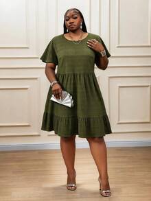 CurvyTilda Plus Size Vacation Casual Solid Color Texture Dress - Olive Green - View 4