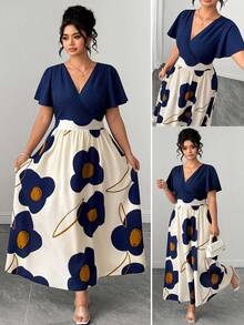 Elenzga Plus Size Women's Spring/Summer Abstract Floral Print & Solid Color V-Neck Short Flutter Sleeve Top & Long Dress Set, Fashion Casual Elegant - Blue - View 1