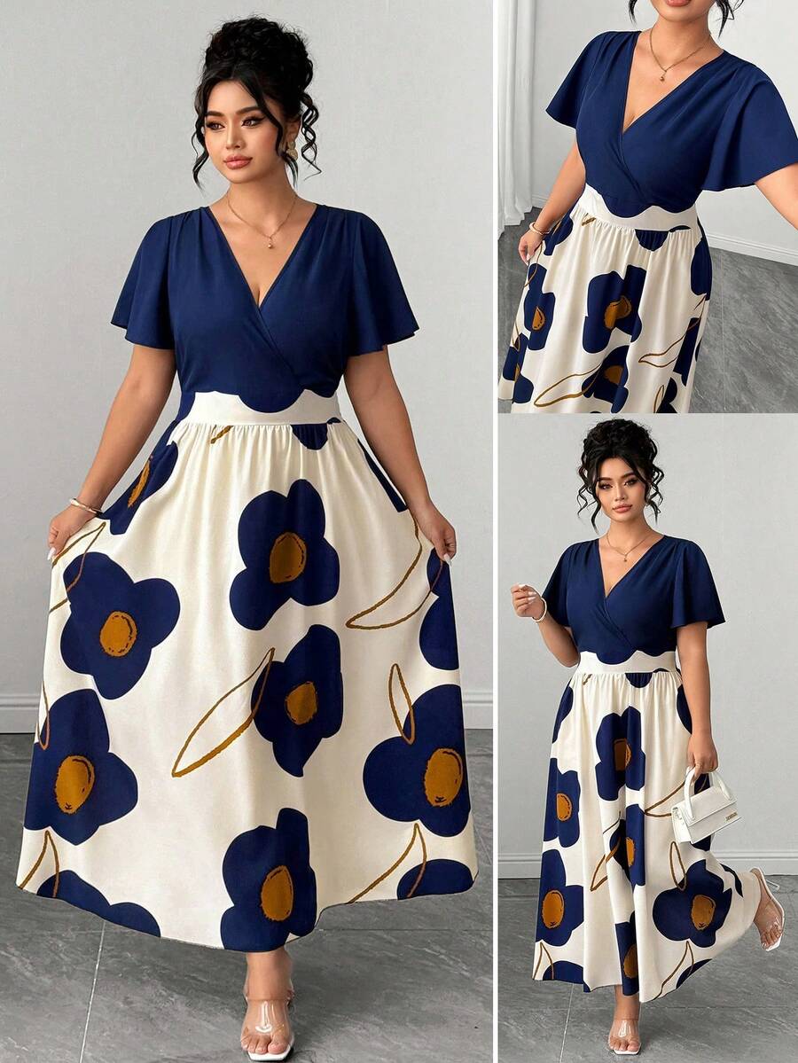 Elenzga Plus Size Women's Spring/Summer Abstract Floral Print & Solid Color V-Neck Short Flutter Sleeve Top & Long Dress Set, Fashion Casual Elegant - Blue - View 1
