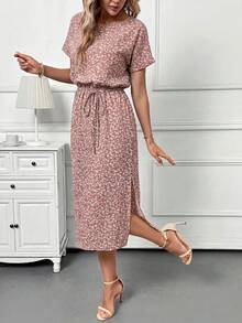 Editum 女款新款優雅圓領碎花開衩中長版夏季洋裝 - 粉色 - 查看 5