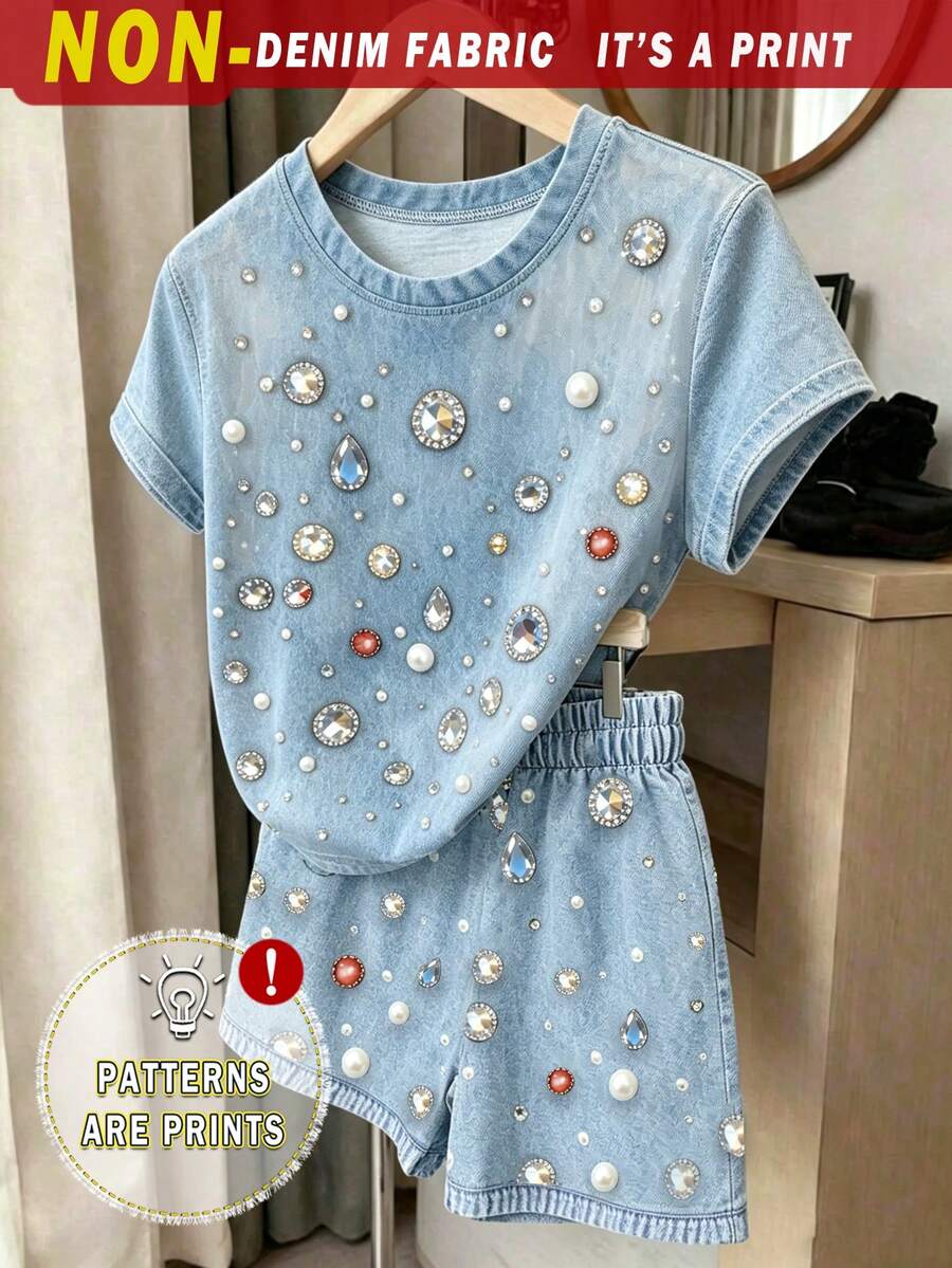 Elladie kids (隨機圖案,1套隨機) 女孩時尚極簡彩色水鑽圖案印花基本款短袖T恤與短褲套裝,夏季日常穿著 - 彩色 - 查看 1