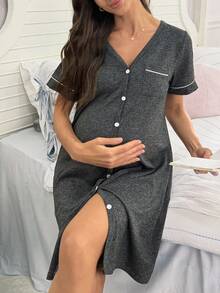 BloomMama Maternity Short Sleeve Front Button Home Dress - Grey - View 4