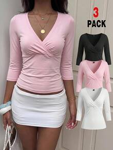 Comfortcana 3pcs Kaos Basic Putih, Hitam, Pink Muda, Leher V Dalam, Pas Badan, Lengan Sedang, Cocok untuk Kembali ke Sekolah, Atasan Awal Musim Gugur, Cocok untuk Perjalanan Sehari-hari, Pesta, dan Kerja - MultiWarna - View 11