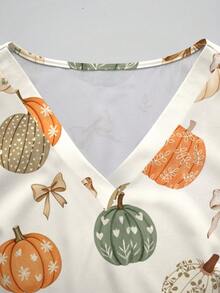 PopScrub Women's Pumpkin Bow Pattern Short Sleeve Scrub Top - Multicolor - View 5
