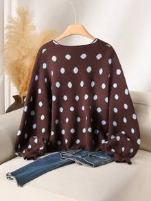 CosyJoli Plus Size Elegant 1920 Vintage French Polka Dot Contrast Color Cardigan Autumn/Winter Knit Sweater Jacket Women Formal Office Home Wear Brown - Brown - View 3