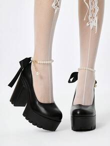 ROMWE Kawaii Sepatu Hak Tinggi Platform Seksi Wanita, Gaya Punk Gothic Gelap Elastis dengan Desain Mutiara dan Pita Renda, Modis dan Serbaguna - Tinta hitam - View 3