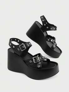 Sugerpunk Women's Rivet Trim Black Platform Sandals PU Punk Style Word With Open-Toed Sandals, Women's Shoes - Black - View 10