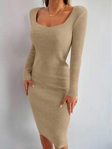 EURMUSE Vestido de punto acanalado de unicolor con escote en V para mujer, otoño/invierno - Camel - Ver 3