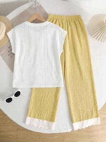 2pcs/Set Tween Girls' Summer Casual Tea Party Outfit,White Bow Decor Raglan Sleeve Knit T-Shirt And Yellow Striped Textured Straight Leg Pants - Yellow - View 2