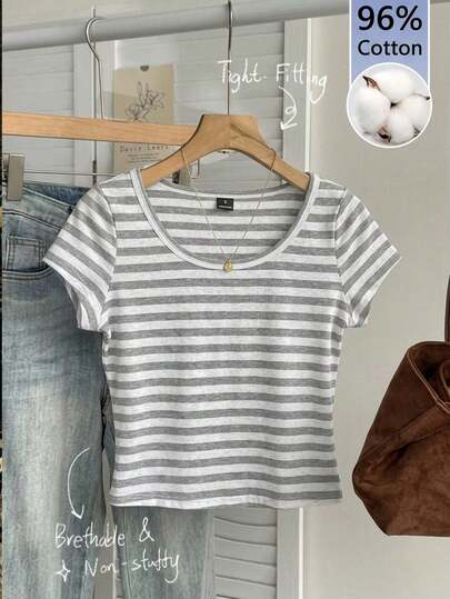 Tseoso 96% Cotton Women's Grey & White Striped Crew Neck Slim-Fit Cropped Short Sleeve T-Shirt – All-Season Layering & Casual Home Wear, Retro Vintage Y2K Soft Girl & Clean Girl Style, Cute Summer Tops, Streetwear, Back To School, Fall Outfits, Versatile Indoor & Outdoor Wear