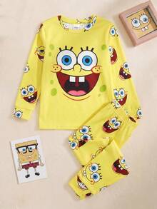 SpongeBob SquarePants | SHEIN 2pcs Young Girl Cartoon Pattern Round Neck Long Sleeve Snug Fit Pajama Set, Yellow Fall Winter - Yellow - View 1