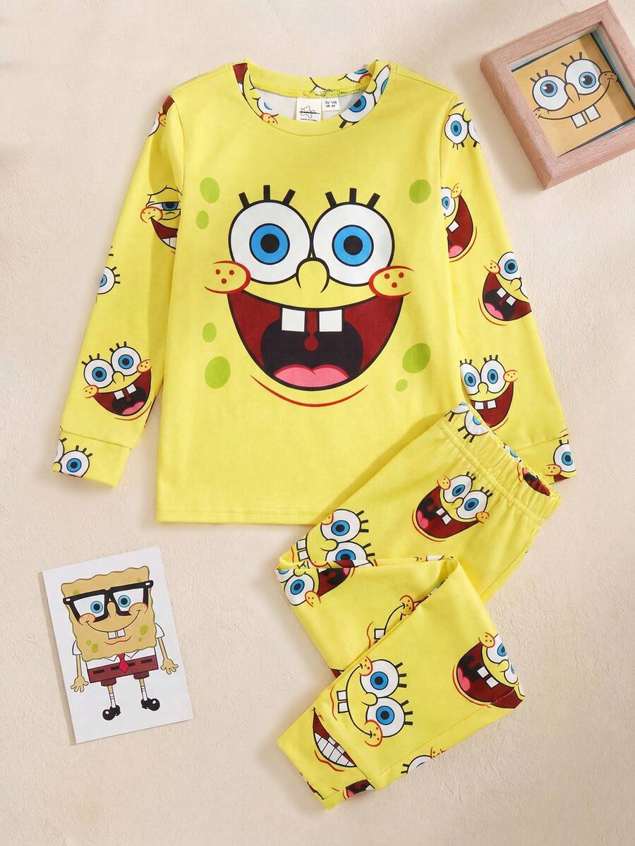SpongeBob SquarePants | SHEIN 2pcs Young Girl Cartoon Pattern Round Neck Long Sleeve Snug Fit Pajama Set, Yellow Fall Winter - Yellow - View 1