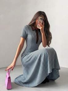 Modelyn 女款春夏針織紋理條紋拼接棕色立領短袖收腰A字優雅浪漫中長洋裝 - 彩色 - 查看 9