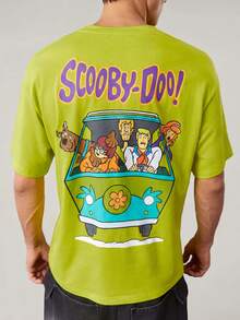 SCOOBY-DOO X SHEIN 男士有趣卡通冒險圖案短袖T恤，具多巴胺設計 - 綠色 - 查看 1
