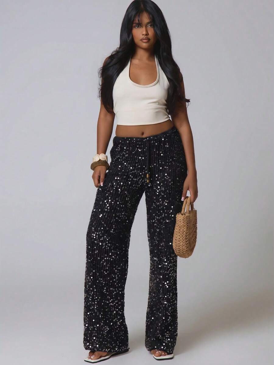 Musera Petite Petite Resort Women Cover Ups Ibiza Boho Sexy Halloween Beach Night Elegant Summer Sequin Wide Leg Crochet Trouser Spring Carvinal Beachwear Black - Black - View 1