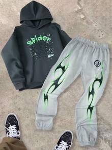SHEIN 青少年男孩時尚蜘蛛網與字母印花長袖連帽衛衣與運動長褲套裝 - 彩色 - 查看 1
