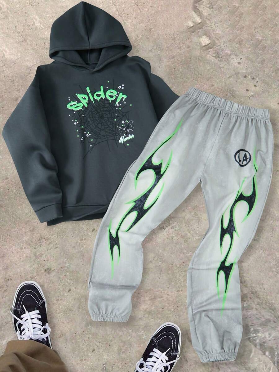 SHEIN 青少年男孩時尚蜘蛛網與字母印花長袖連帽衛衣與運動長褲套裝 - 彩色 - 查看 1